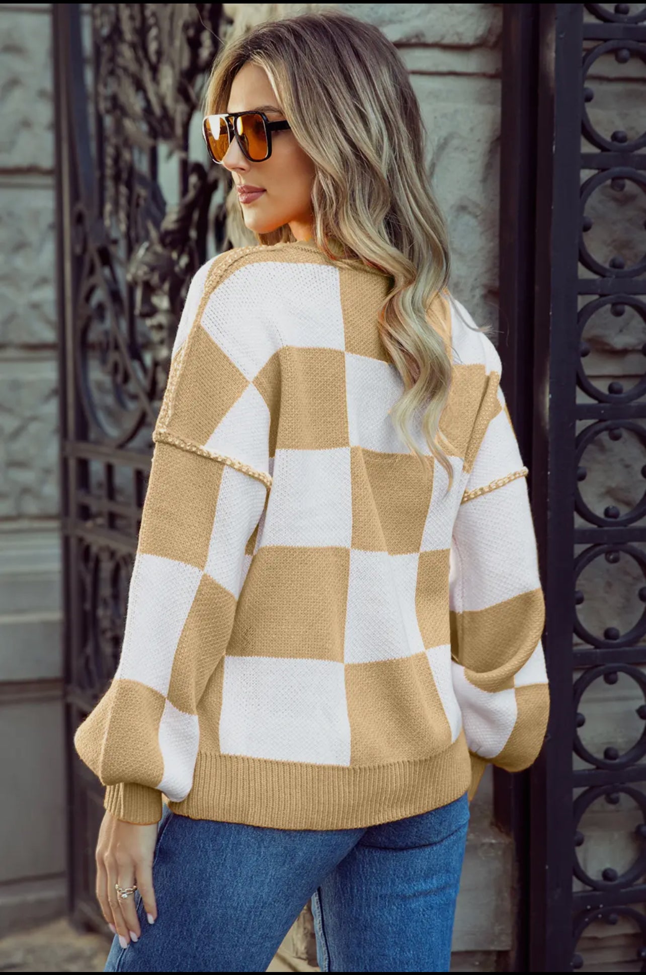 Checkered Bishop sleeve sweater(closes 8/15)